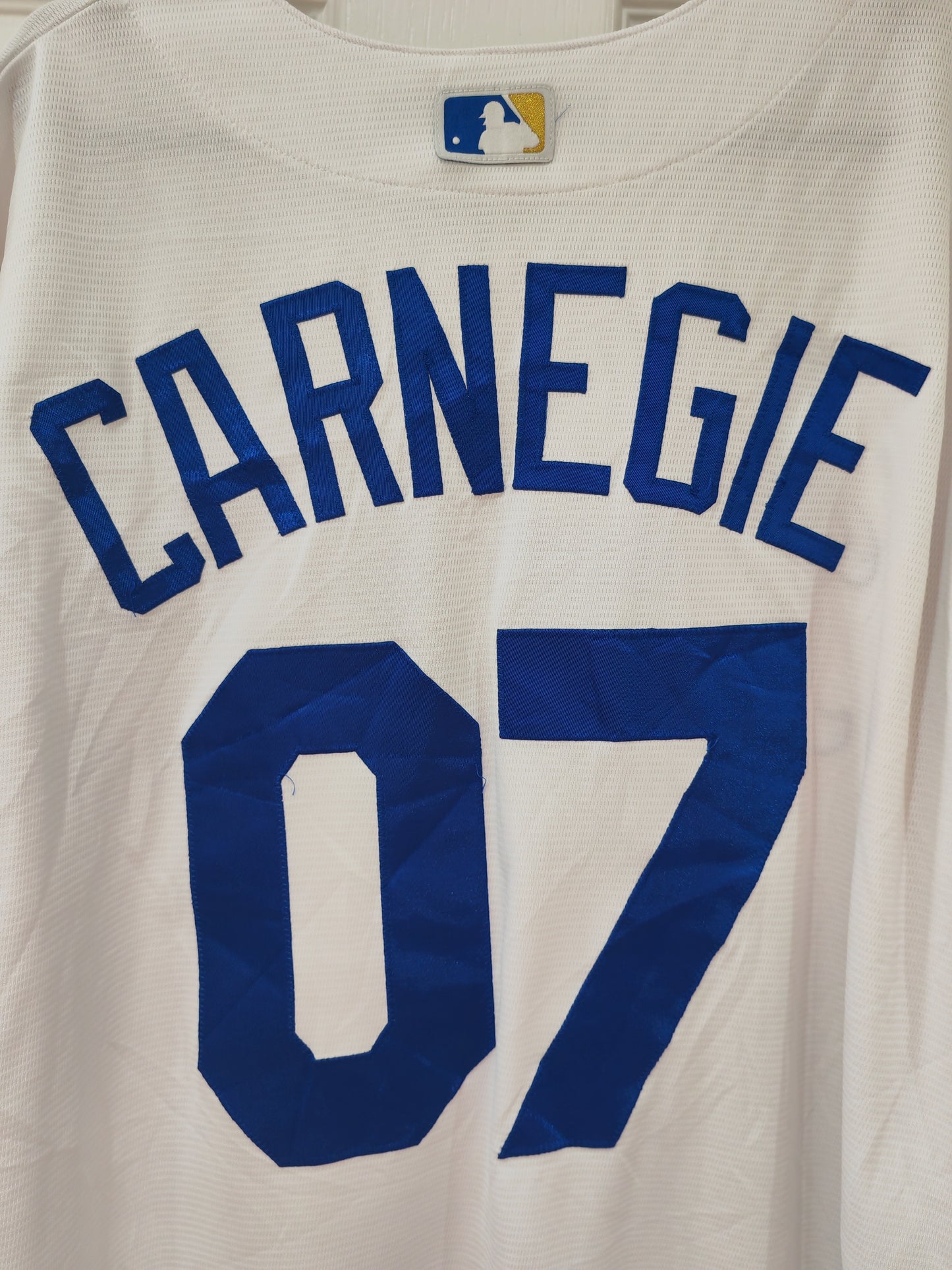 Majestic Kansas City Royals MLB Jersey, #07 Carnegie, White, Size Large