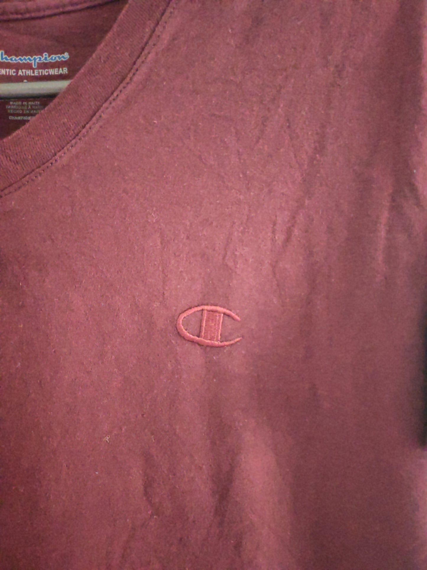 Champion Small Logo V Neck T Shirt, Burgundy, Size Small